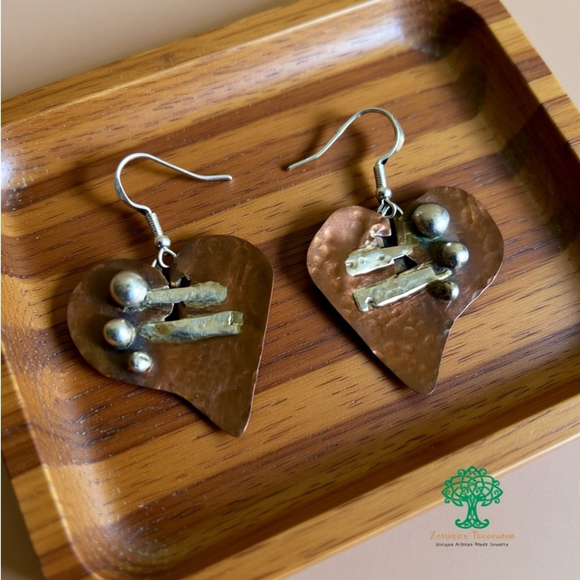 Artisan Jewelry - Mended Note Hammered Copper Sterling Silver Heart Earrings Artisan Dangle Jewel